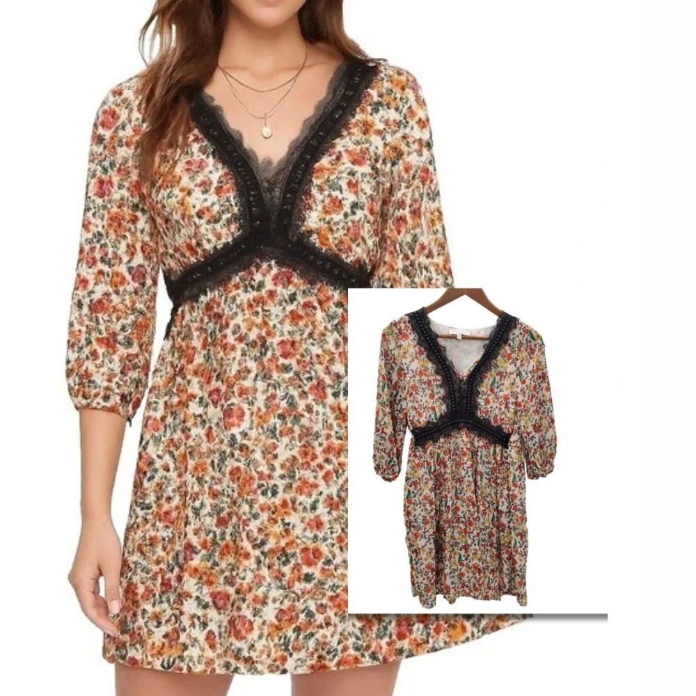 Hayden Peasant Mini Dress‎ Floral Boho Lace Trim Festival Womens S